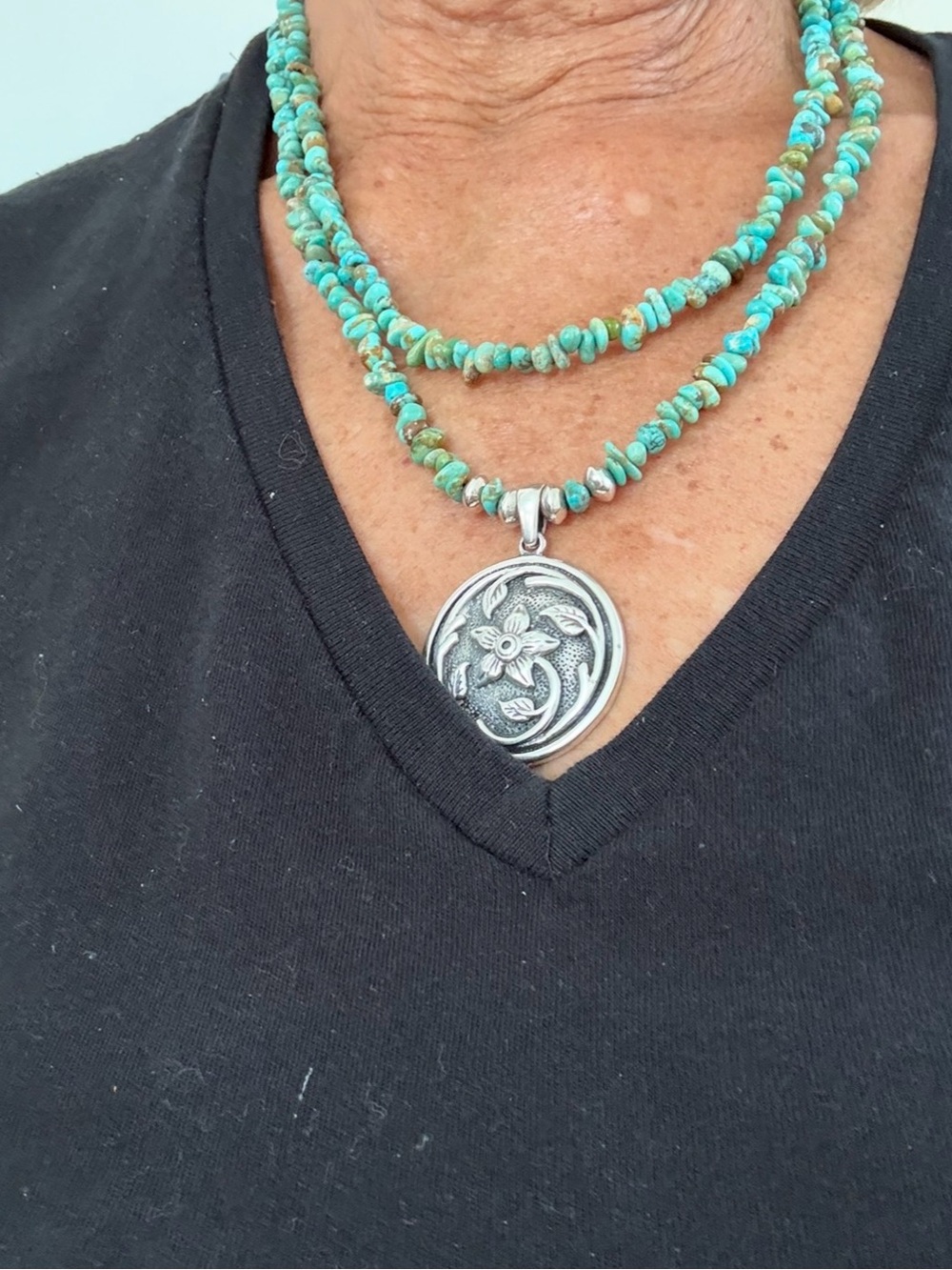 Turquoise Chip Bead and Sterling Pendent Necklace